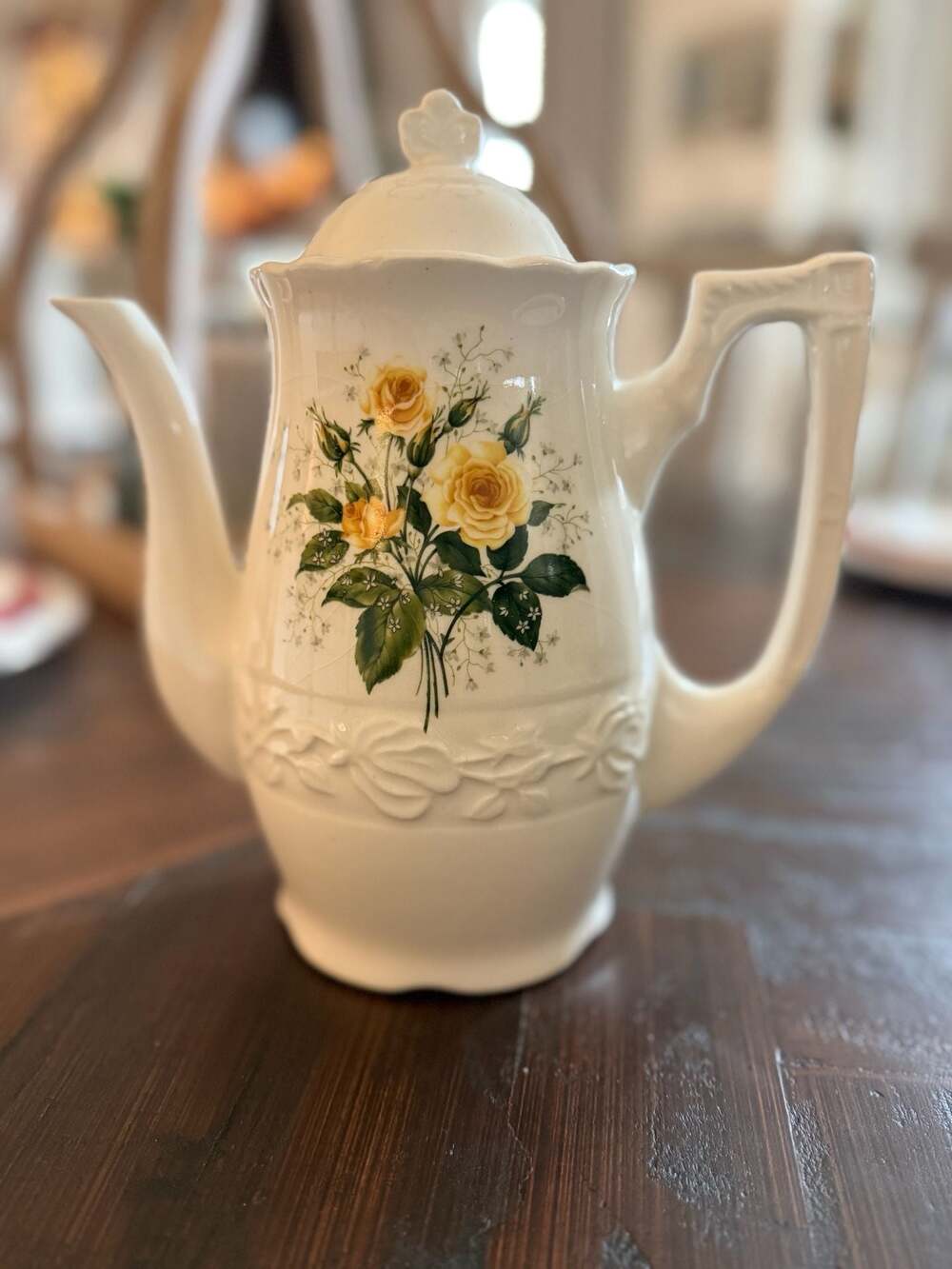Vintage Ellgreave Ironstone Teapot with Yellow Rose Floral Pattern